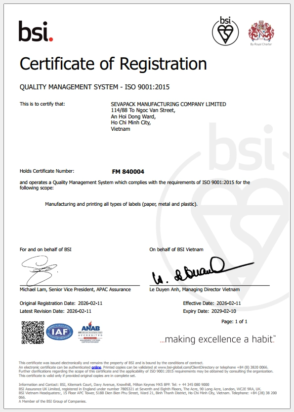 Chứng chỉ ISO 9001:2015